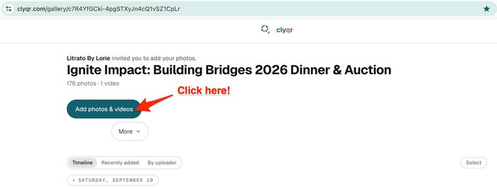 Screenshot of clyqr webpage with an arrow pointing to the button to upload photos and videos.